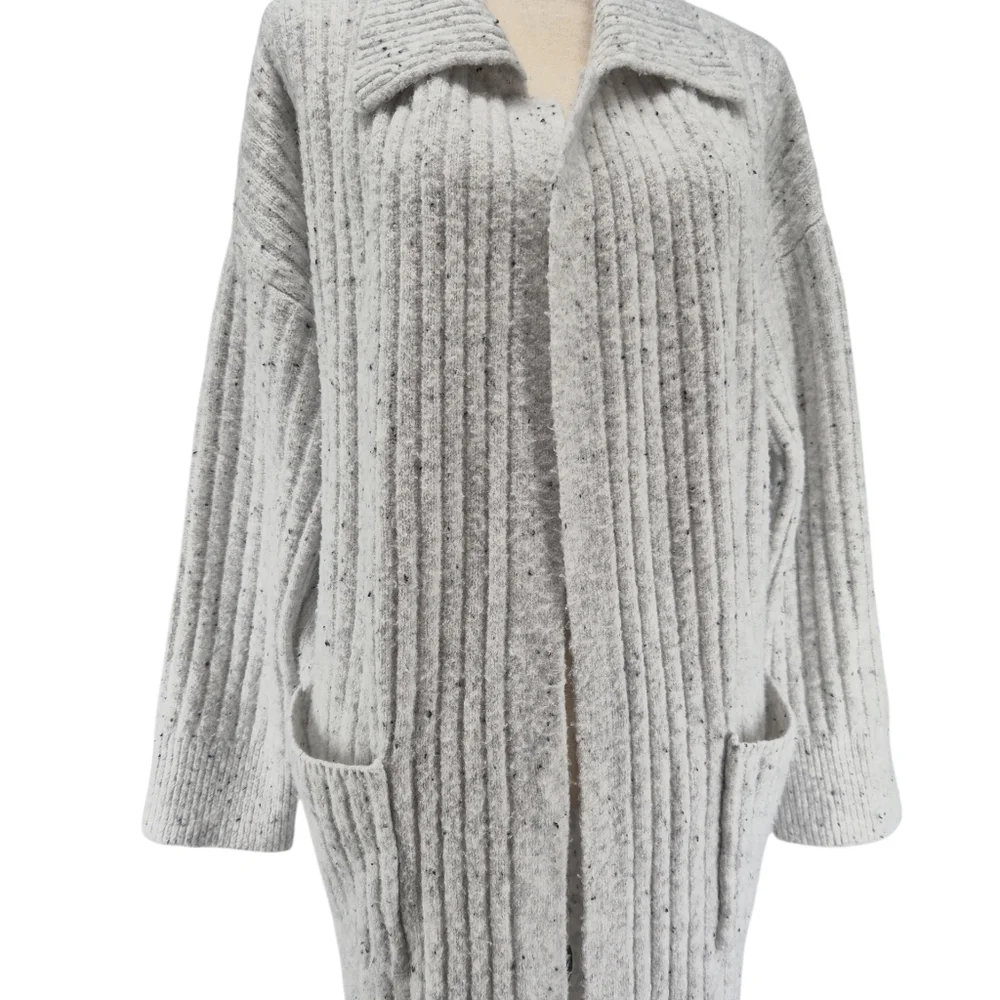 Song of Style Long Ribbed Knit Sz Large Soft Cardigan Duster Gray Fleck‎ Pockets
